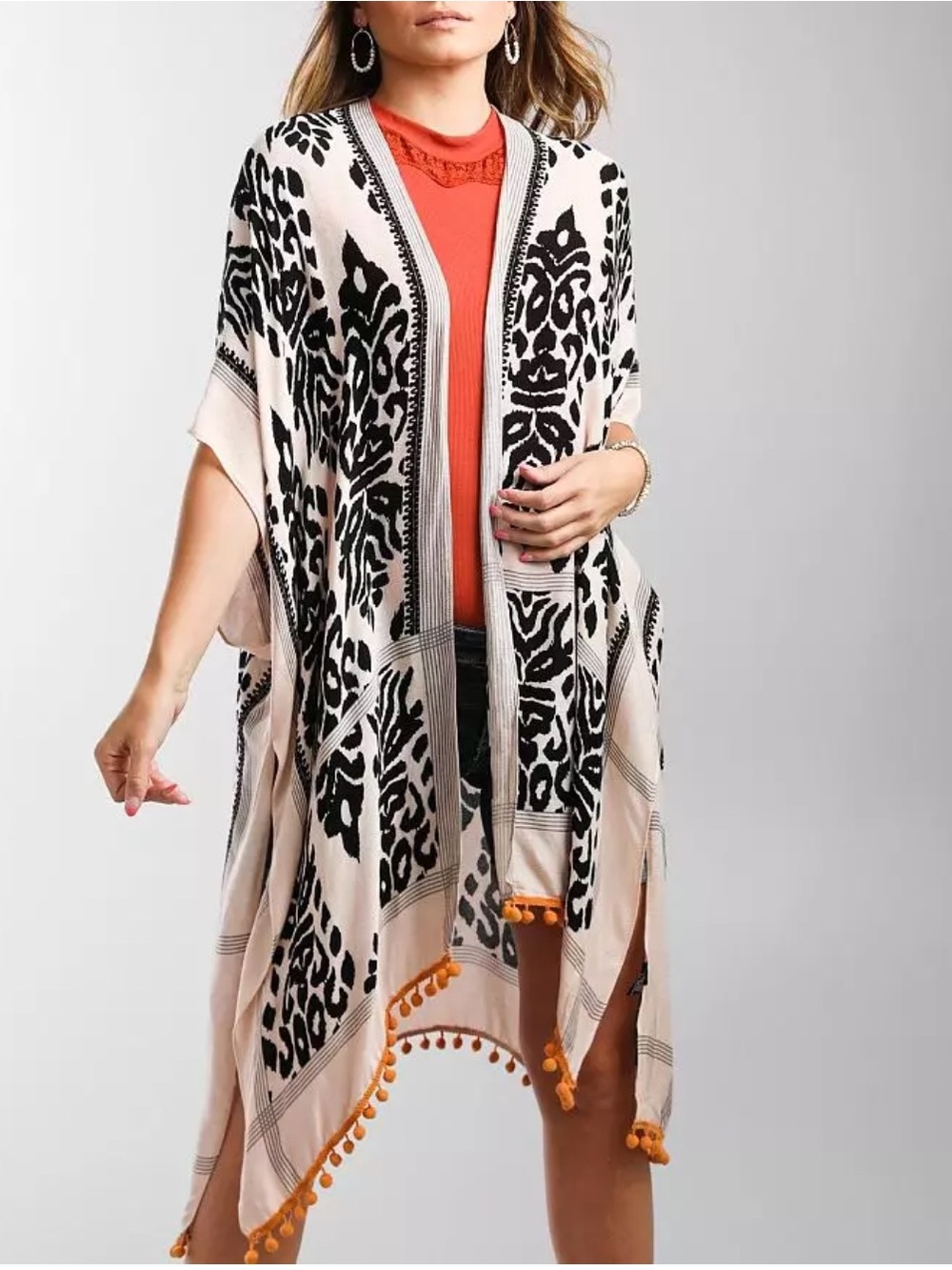 Angie Kimono Cardigan One Size Boho Festival Pom Pom Duster Western Beach